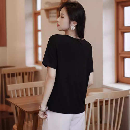 Summer Pure Desire V-Neck Casual Hot Girl Loose T-Shirt Stylish Cover Meat Correct Shoulder Short Sleeve Women's Base Layer