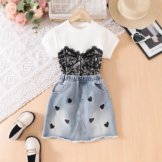 American Street Hot Girl Personality Corset Printed T-Shirt Girls Short Sleeve Top Denim Skirt suit 2025 Summer New