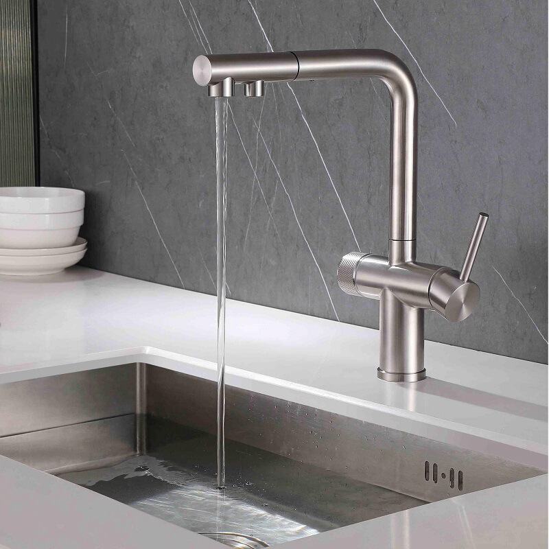 Cross-border telescopic rotating household kitchen sink 304 stainless steel drawing faucet water purification three-in-one faucet
