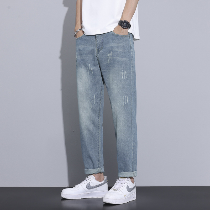 Spring and Summer New Arrival Nine-point Pants Men's Nine-point Pants Denim Explosions Retro Ice Oxygen Bar Trendy Brand Straight Ripped Jeans Men's