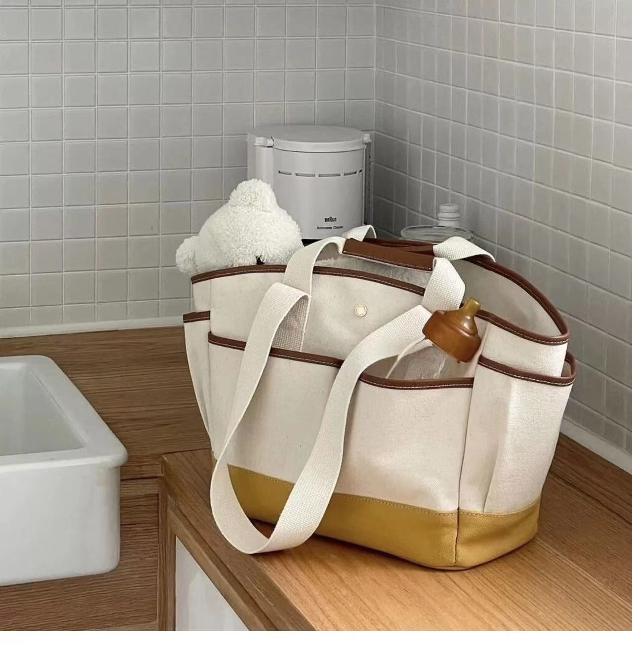 Korean-style Niche Patchwork Canvas Bag Large Capacity Multi-compartment Portable Mother and Baby Mummy Bag Practical Commuter Tote Bag_voghion.com