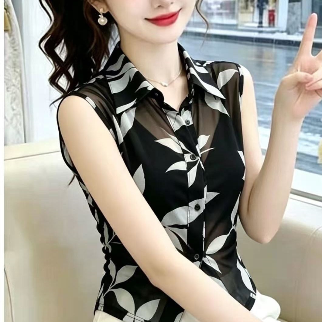 气质百搭薄款透视POLO女人味黑色印花网纱修身显瘦外无袖衬衫上衣