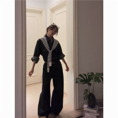 套装女2025秋季新款韩系辣妹条纹外穿牛仔衬衫高腰阔腿裤三件套潮