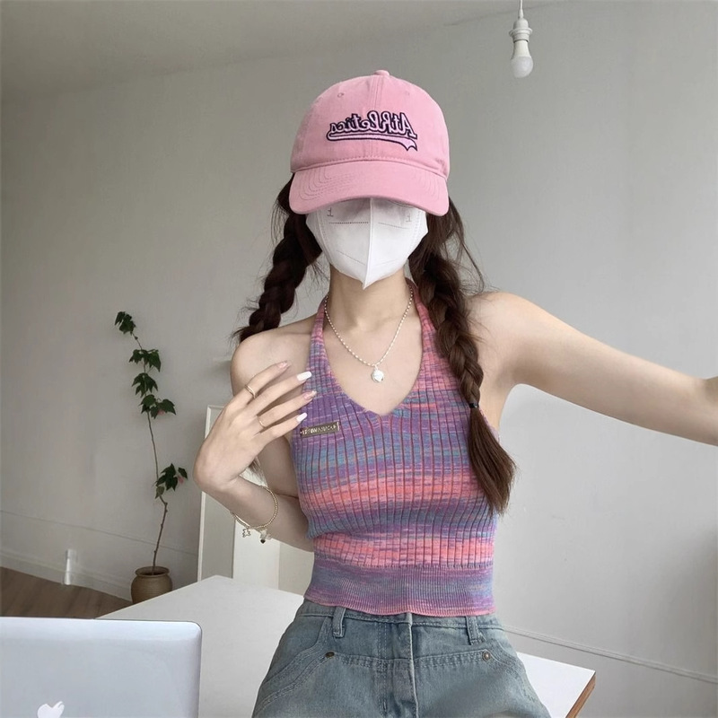Dopamine Rainbow Striped Halter Neck Camisole for Women, Summer Backless Design, Niche Sweet Spicy Girl Jazz Top
