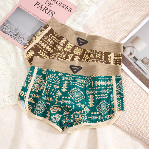 American Retro Ethnic Style Men's Underpants Men's Pure Cotton Breathable Straight Leg Pants Trendy Amaya Print Four-Piece Underwear