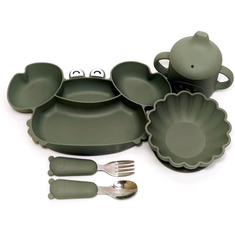 Baby Dinner Plate Split Plate Sucker Integrated Baby Auxiliary Food Spoon Open Cup Silicone Bowl Children's Tableware suit