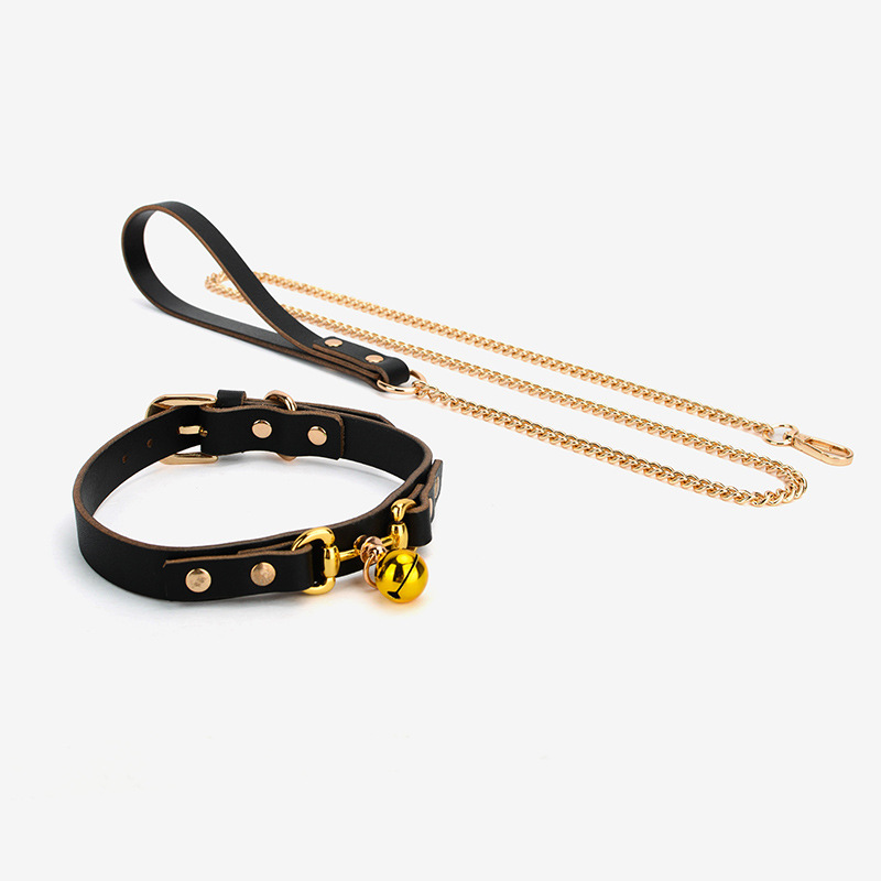 Leather Flirt Collar Necklace with Detachable Leash, Unisex Black-Pink Alternative Restraint — detail image 1