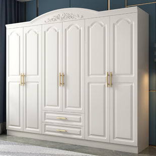 European-Style Wardrobe with Top Cabinet, Simple Modern Economical Panel White Combination Side Cabinet, Wooden Six-Door Large Wardrobe