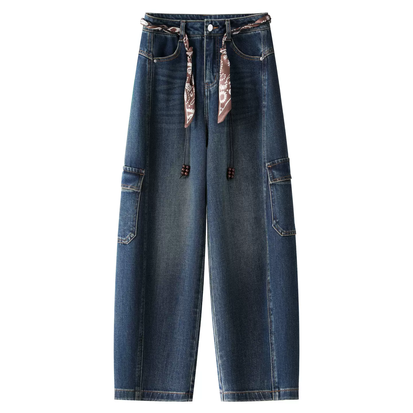 蓝色牛仔弯刀裤女2025秋季新款窄版高腰工装裤宽松显瘦百搭哈伦裤