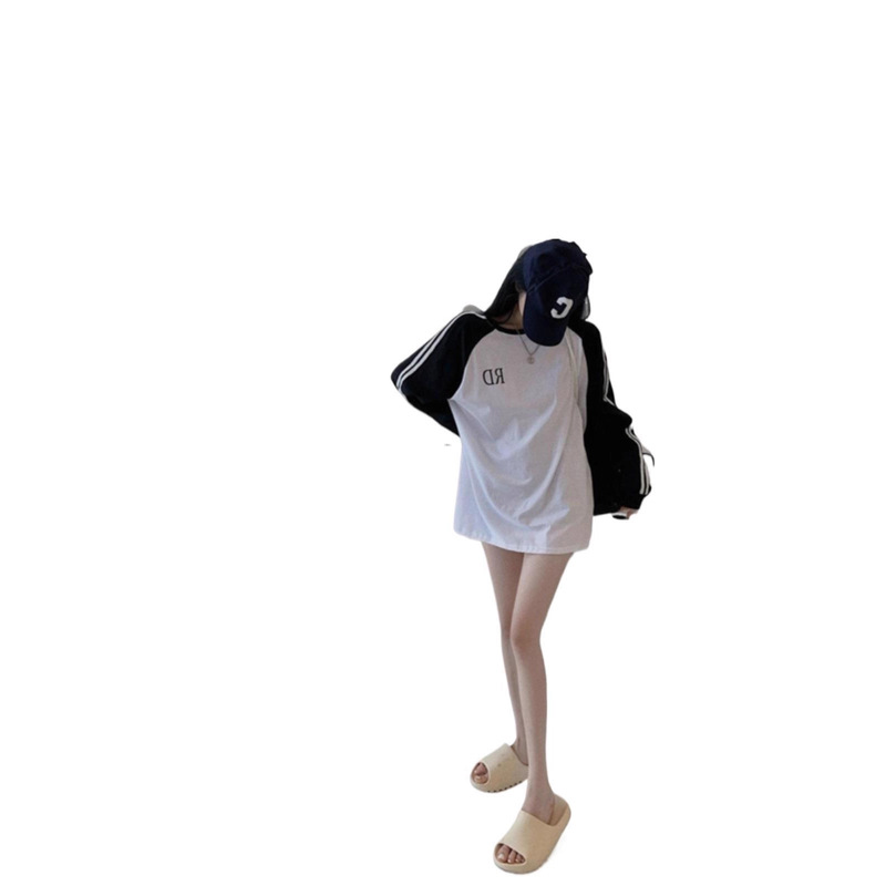 早秋韩版学生棉t恤女撞色拼接长袖中长款超火宽松打底衫上衣潮|undefined