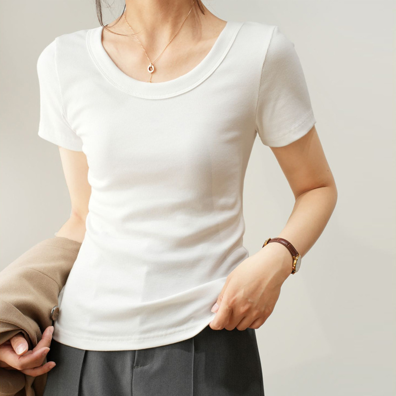Irina Summer Right Shoulder U-Neck Short-Sleeved T-Shirt Women's Basic Versatile Threaded Short-Sleeved Elastic Slim Slimming Look Top for Women