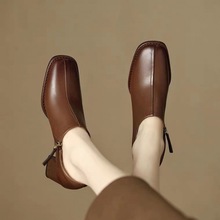 真皮復古深口單鞋女2023春秋新款方頭粗跟及踝裸靴高跟棕色小皮鞋