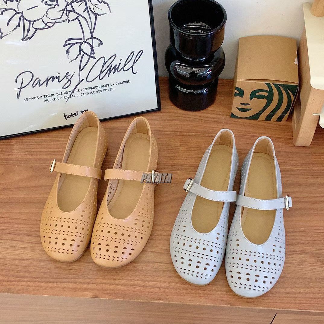 Giày bệt nữ mũi tròn miệng nông da thật đục lỗ thoáng khí — Màu mơ