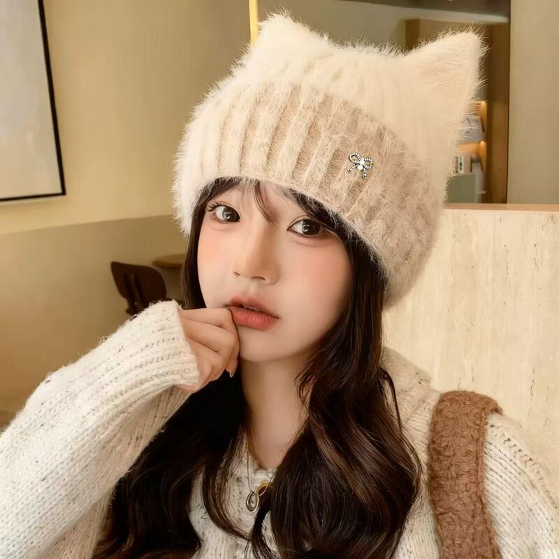 韩版秋冬新款帽子女金属钻标可爱耳朵针织毛线帽冬季保暖护耳帽厚|undefined