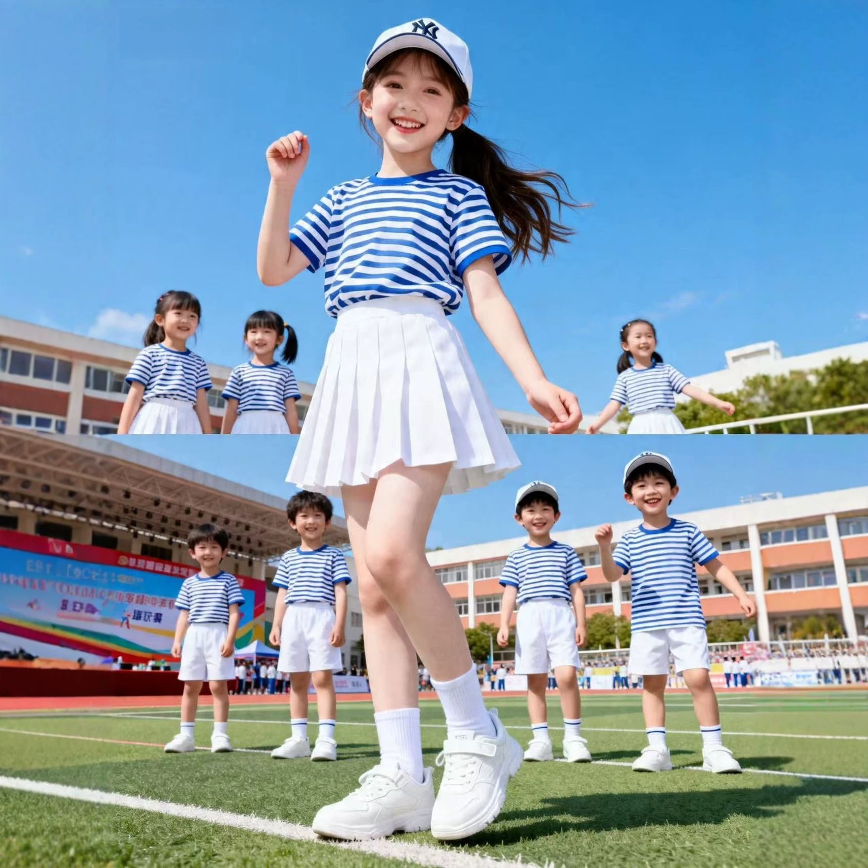 Red scarf National Day group activity uniform, nostalgic sailor shirt, short-sleeved t-shirt, classic blue and white striped student performance T-shirt