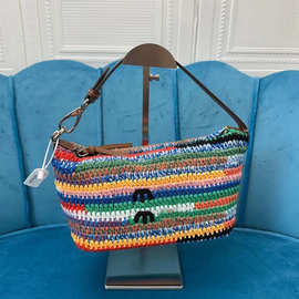 现货miu家撞色沙滩草编包横款托特包单肩斜跨大容量购物袋 休闲女