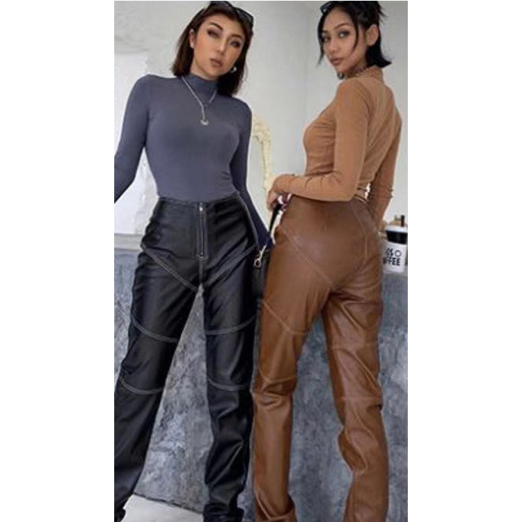 2023 AliExpress Amazon nuevo bolsillo de las mujeres pantalones de cuero rectos pantalones casuales a rayas retro pantalones INS para las mujeres image 3