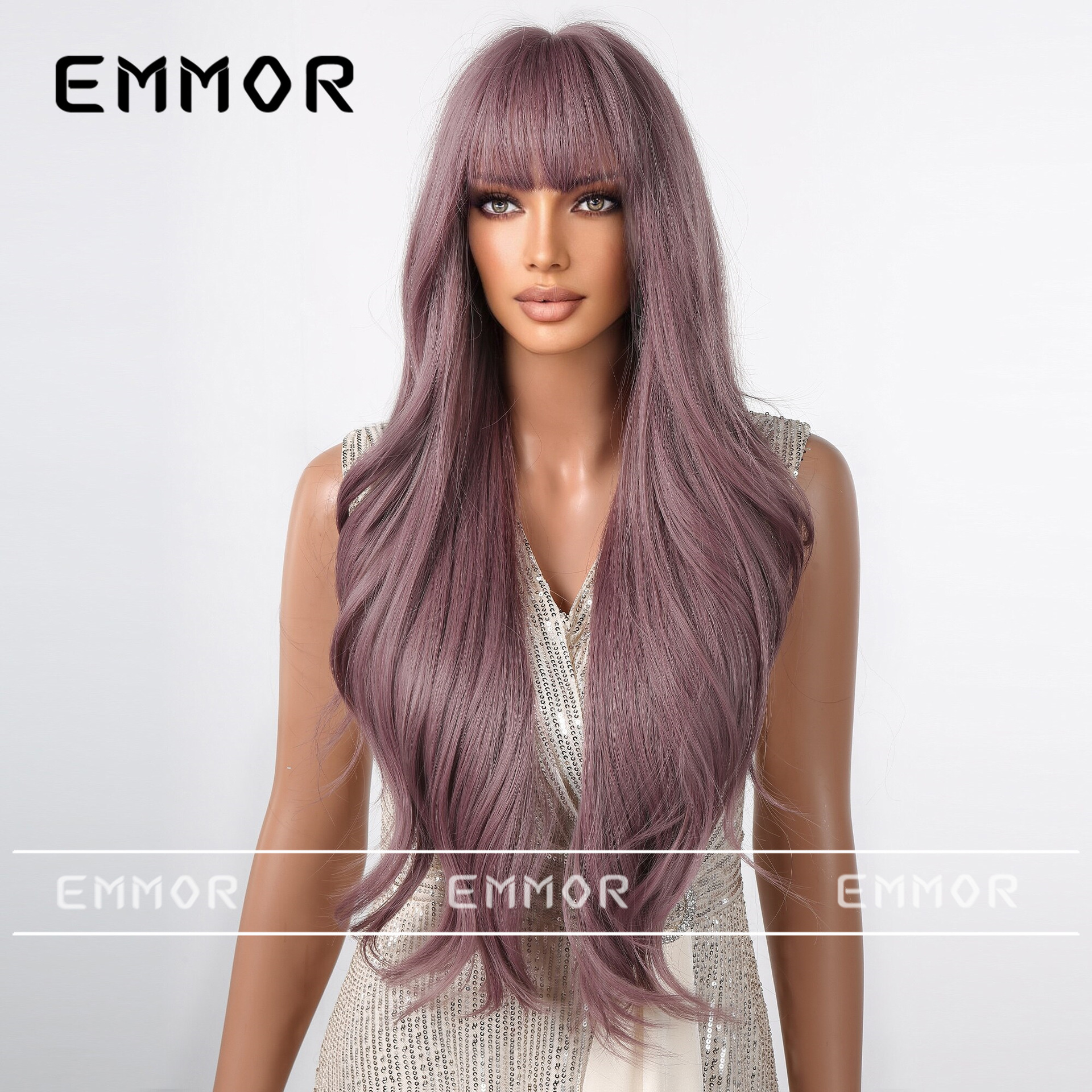 Estilo europeo y americano estilo clásico peluca para las mujeres nuevo estilo flequillo Pelo Largo fuera rizado temperamento moda todo superior fibra química peluca