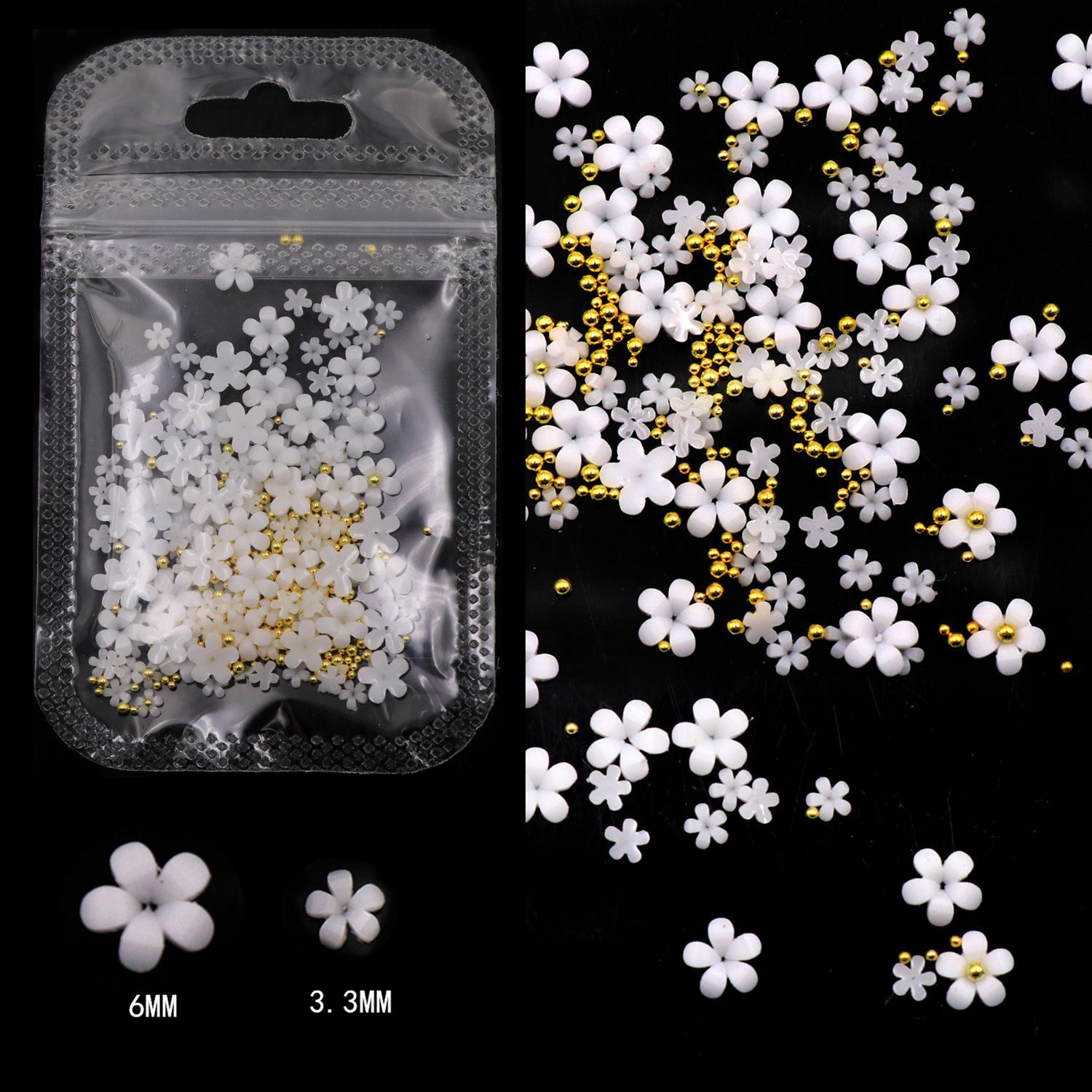 Blanco flor pequeña joyería de uñas de resina tridimensional de cinco pétalos tamaño de la flor mezclada con oro y plata cuentas de acero