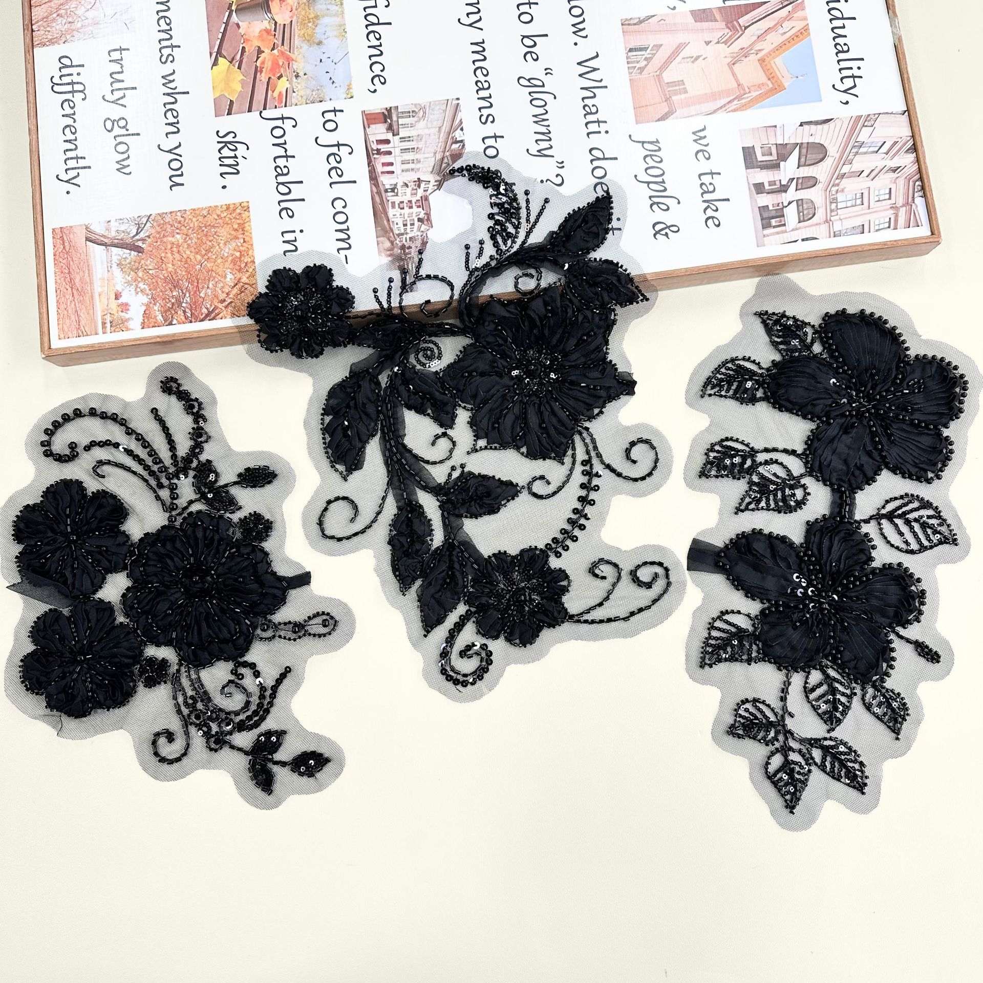 Nuevo blanco y negro esquinilla bordado tridimensional tela de malla fijación floral accesorios accesorios de vestido vestido