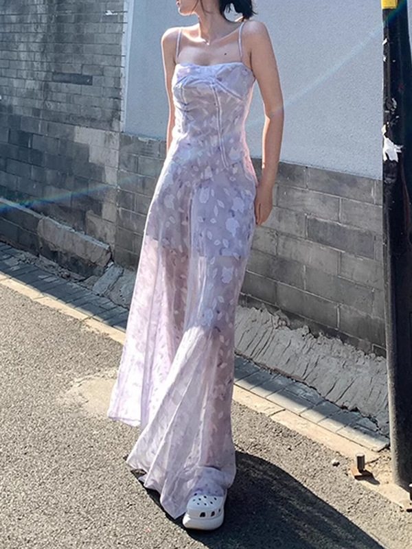 フランスの紫色のドーパミンのストラップのワンピースの女性の夏の絶美な海辺の休暇の絶美な気質は腰の長いスカートを収めます。|undefined