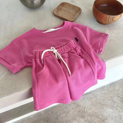 Korean children's clothing summer boys and girls sports suits children's solid color T-shirt shorts two-piece set trendy 38089
