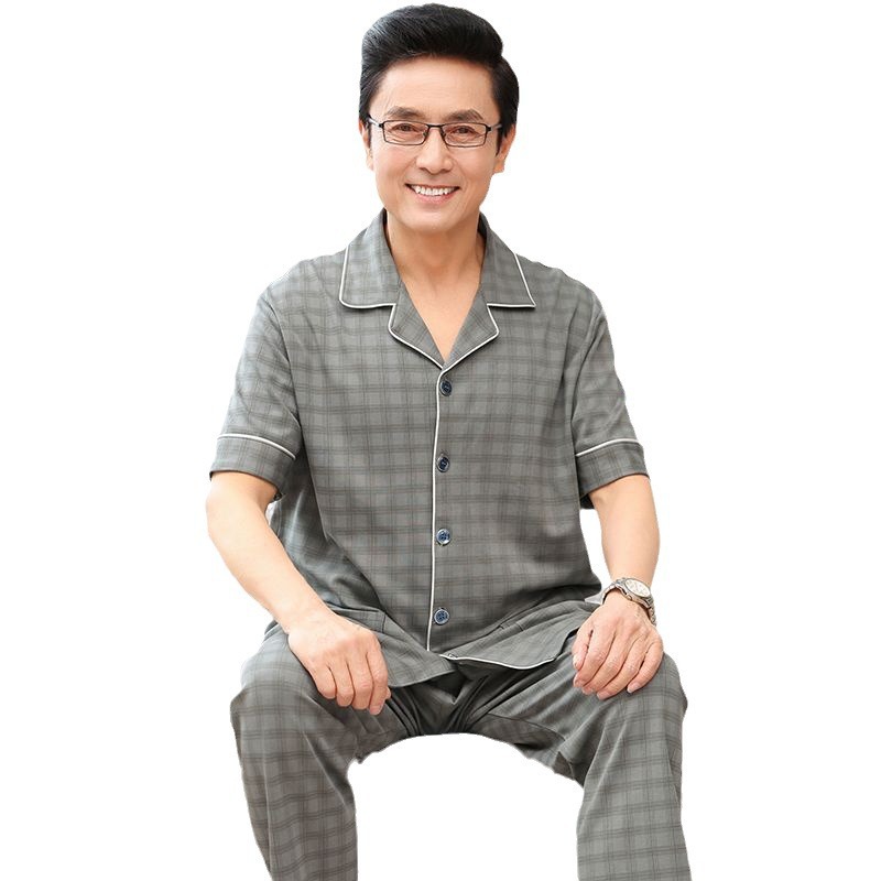 Papá pijamas de verano de algodón para hombres de manga corta delgada de verano pantalones largos de media manga para hombres de mediana edad set de ropa para el hogar
