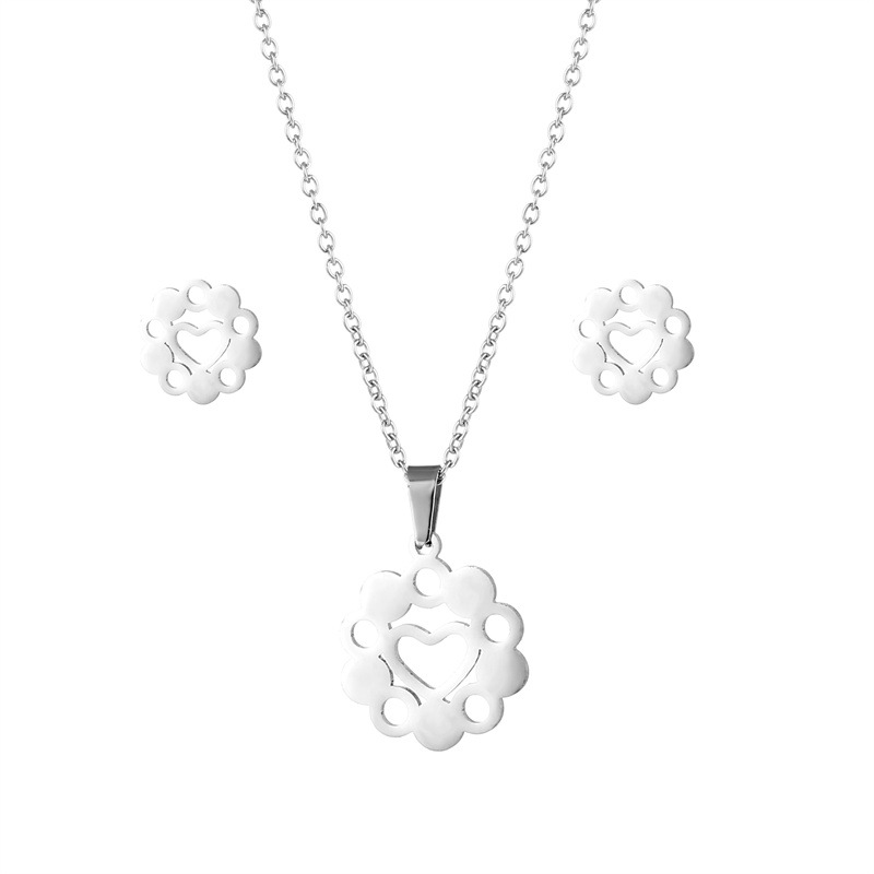 Simple heart-shaped flower stainless steel necklace earrings set