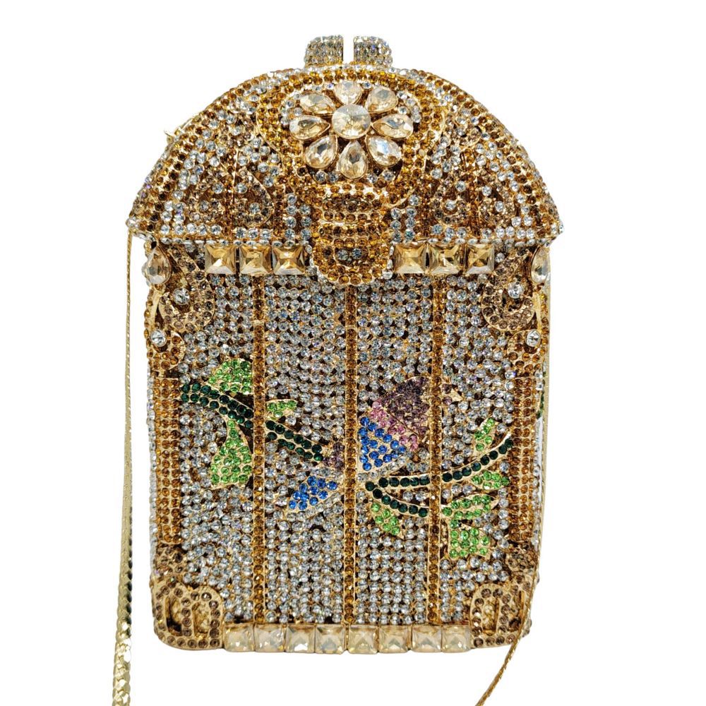 Túi clutch dạ tiệc nữ đính đá lấp lánh hình lồng chim — Màu vàng kim, Màu sâm panh bạc, Màu vàng nhạt, Màu vàng bạc chi tiết 3