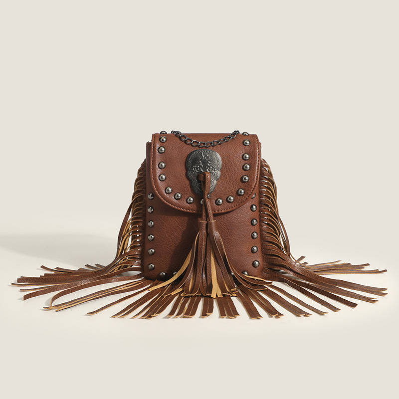 Trendy Fashion European & American Women's Studded Tassel Mini Phone Bag Casual Soft Leather Sweet Cool Biker Style Chain Crossbody Bag