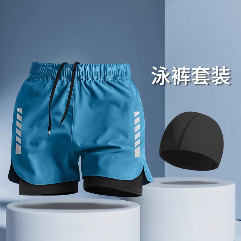 Pantalones de baño para hombres anti-avergonzamiento traje de baño conjunto gorra de baño gafas de baño de tres piezas conjunto completo de natación spa 2024 nuevo