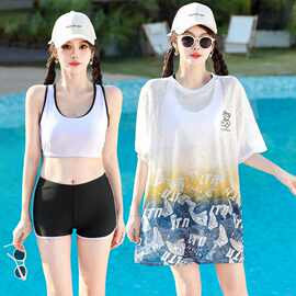 大码胖mm游泳衣女分体式三件套学生保守显瘦遮肚网红风泡温泉泳装