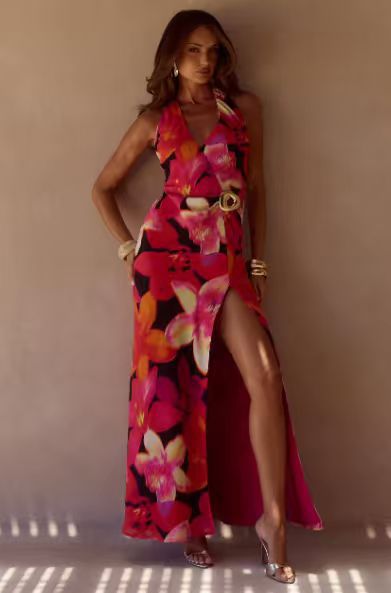 2026 Sexy V Neck Halter Maxi Dress Floral Print Slit Summer Vacation Style Women's Regular Thickness Dress New Arrival_ecoleips.com