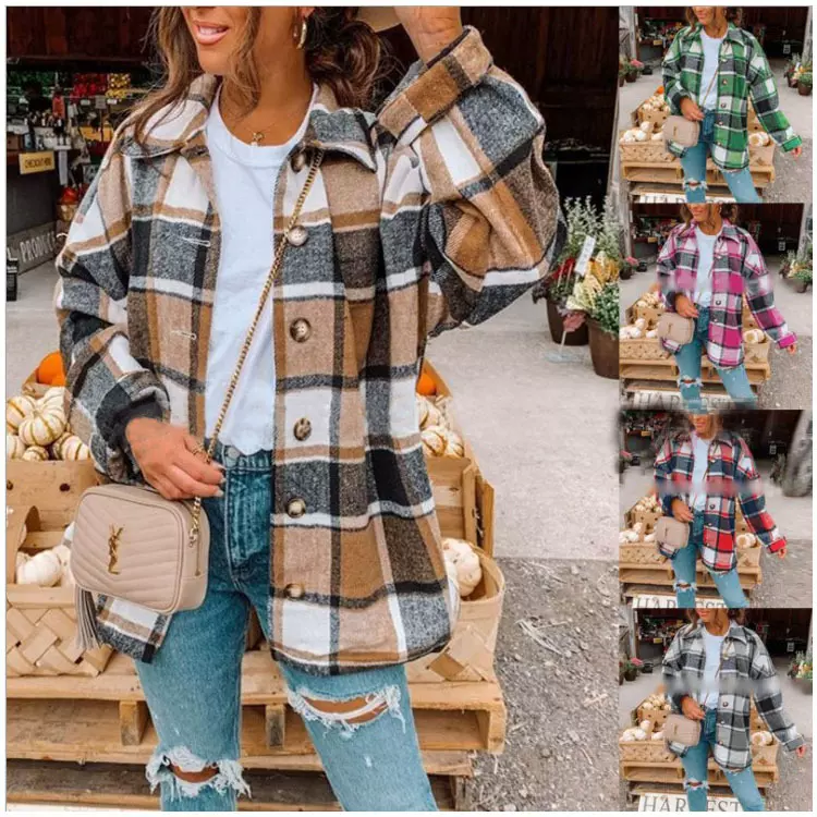 ins网红款秋季街头气质欧美长袖翻领宽松型女式格子衬衫中长外套