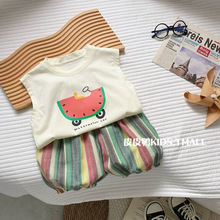 儿童夏季背心套装男童薄款卡通西瓜无袖上衣宝宝百搭条纹七分裤潮