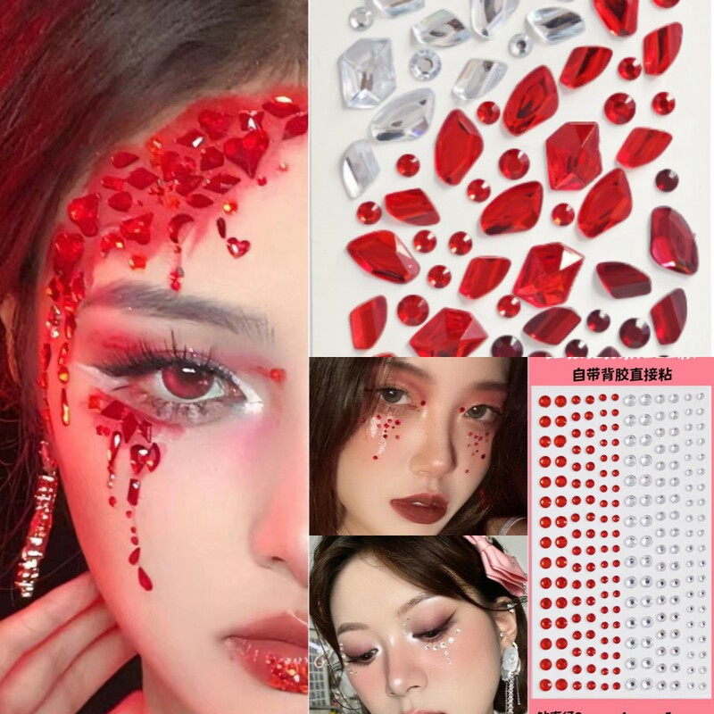 Halloween makeup red shaped diamond black face tear diamond makeup face diamond stage performance witch patch Halloween makeup red shaped diamond black face tear diamond makeup face diamond stage performance witch patch