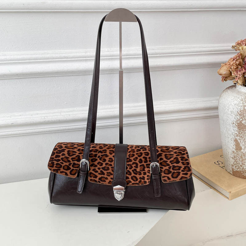 Túi xách tay nữ dáng kẹp nách phong cách thanh lịch, chất liệu PU mềm, kiểu dáng vuông ngang — Màu cà phê Leopard Print, màu cà phê, màu nâu, xanh lá cây chi tiết 11