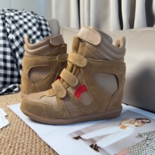 工厂代发欧美风新款魔术贴隐形内增高女鞋坡跟拼色运动休闲高帮鞋