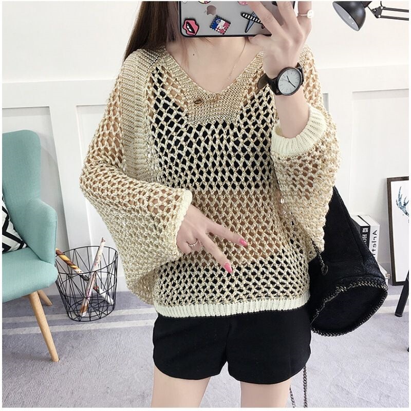 Casual Style Women's Pullover Sweater, Loose Fit, 2026 Summer Hollow-Out Cover-Up, Thin Shiny Fishnet Knit Batwing Top