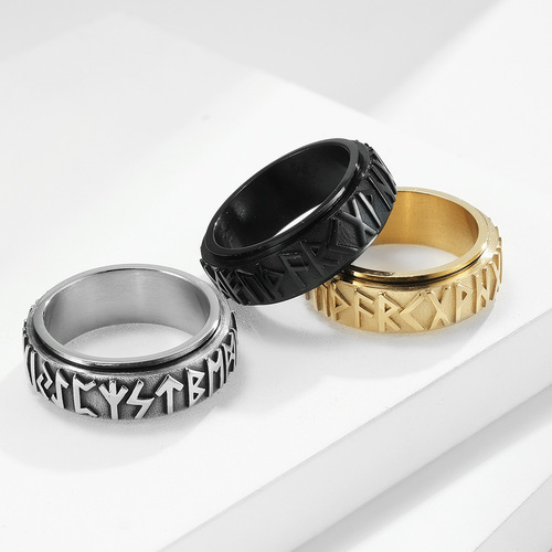 Amazon Nordic Viking rune text stainless steel rotating ring ring retro decompressed titanium steel hand jewelry
