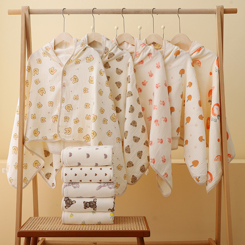 Children's bath towel with cap and cape, 100% cotton gauze, pure cotton baby cape, baby printed hooded bathrobe, can be worn as a blanket