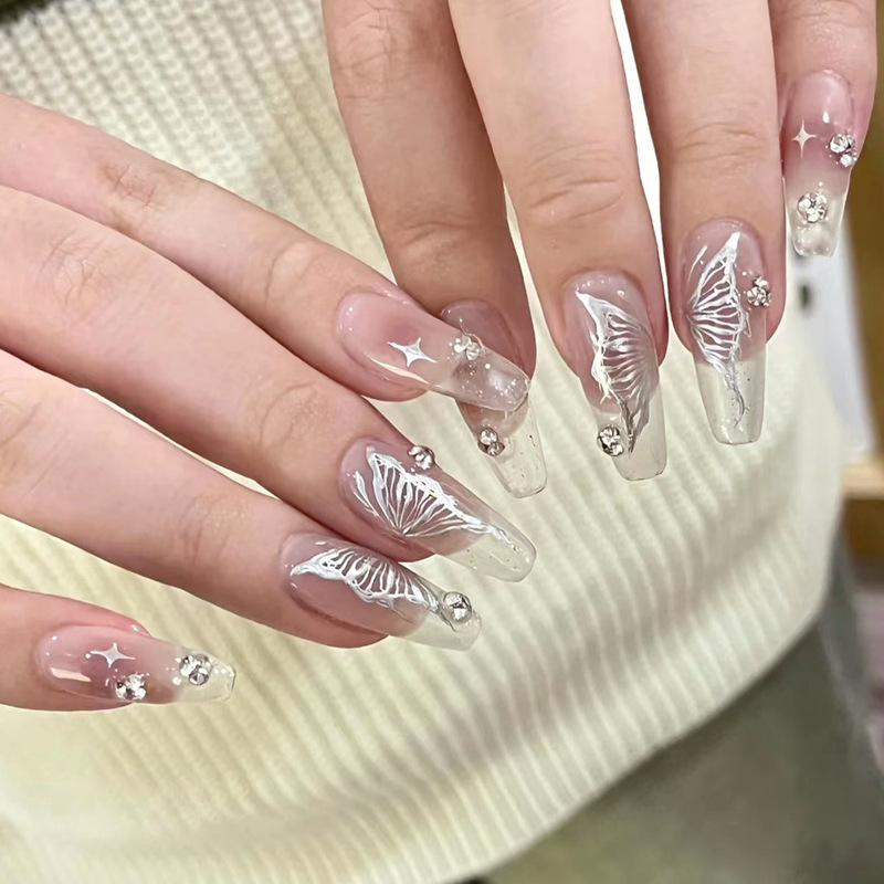 Pink transparent wear nail fake nail butterfly point diamond wear nail patch removable manicure finished fake nail Pink transparent wear nail fake nail butterfly point diamond wear nail patch removable manicure finished fake nail
