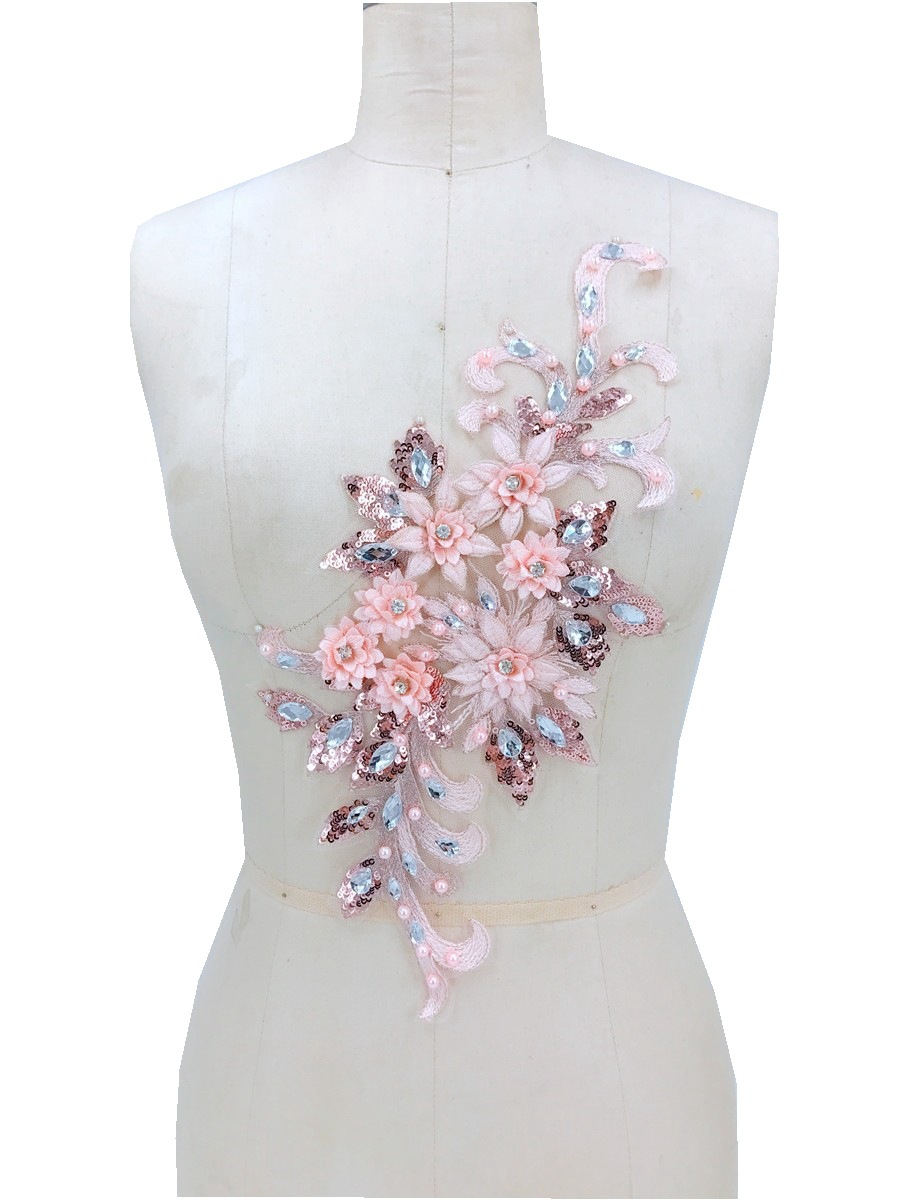 粉色立体贴花亮片水钻蕾丝花朵衣服贴片手工diy材料服装装饰辅料