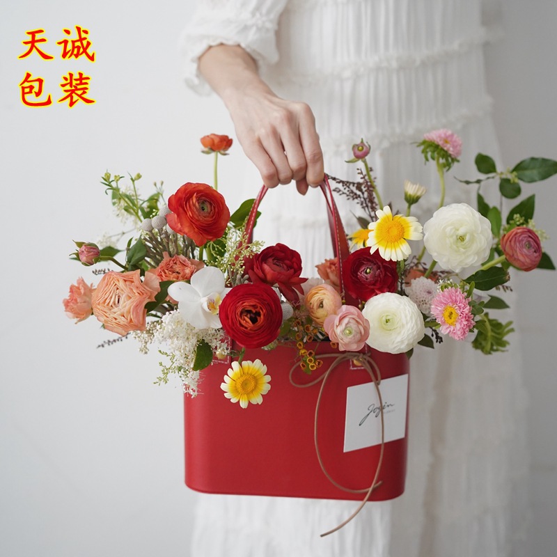 母亲节花盒爱在当下韩式皮质手提花篮伴娘伴手礼物包装鲜花插花篮