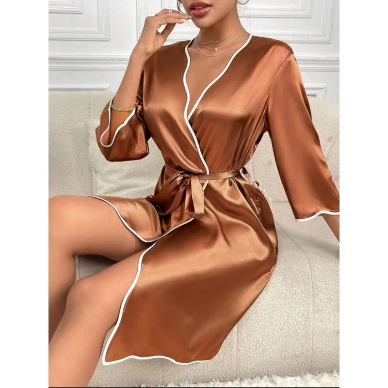 European and American Style Satin Nightgown Women's Spring and Summer Thin Contrast Color Edge Bathrobe Women's Satin Pajamas Home