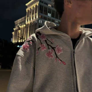 ins美式复古刺绣连帽开衫卫衣男女同款宽松外套秋冬潮流服装