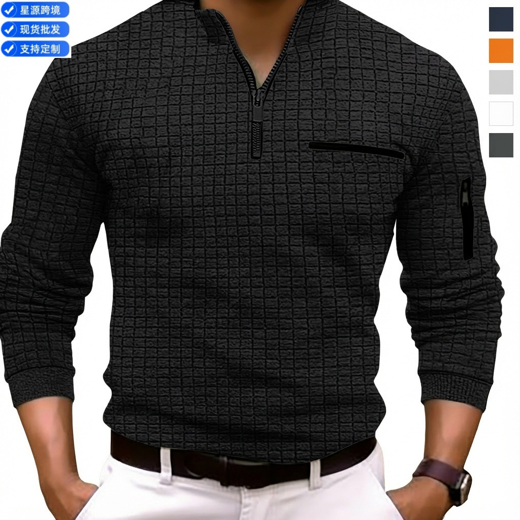 Venta rápida transfronteriza de primavera y otoño Amazon Camisa de Polo a cuadros de tablero de hombres Brazo cremallera Polo deportivo