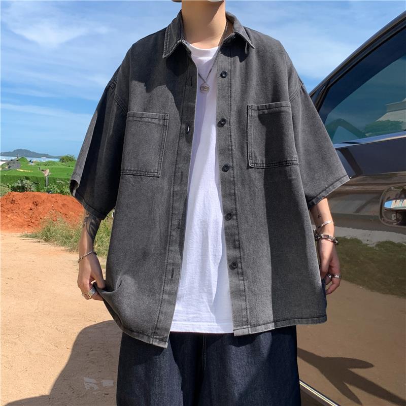 Shirt Men's Short-Sleeved Summer Hong Kong Style Japanese Denim Shirt Casual Thin Jacket Top Retro Style Versatile Shirt Men's Short-Sleeved Summer Hong Kong Style Japanese Denim Shirt Casual Thin Jacket Top Retro Style Versatile