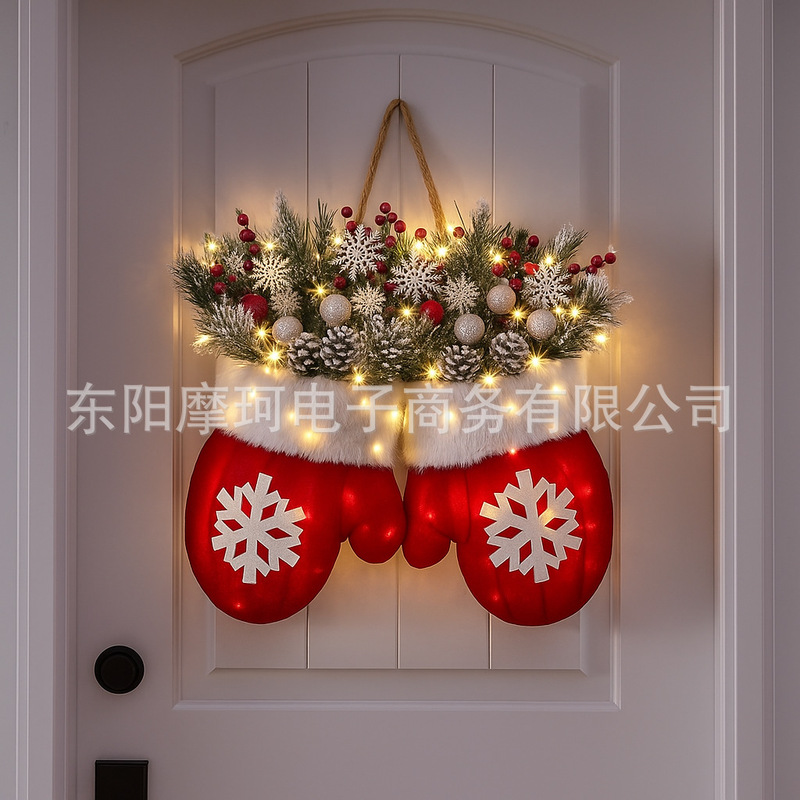 跨境新品Twinkling Christmas Mitten Wreath圣诞节发光手套花环|undefined