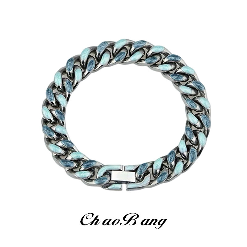 Free Shipping Price, Starry Sky Blue Titanium Steel Cuban Bracelet for Men, Versatile Light Luxury Jewelry for Women, High-End Double-Sided Wearable Accessory